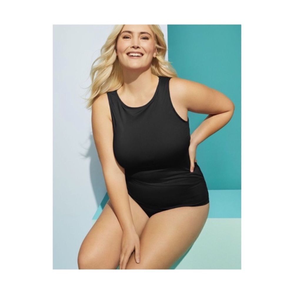 Land’s End Textured high neckSPF 50 tankini top swimsuit top black soft cup 8 - Picture 2 of 7